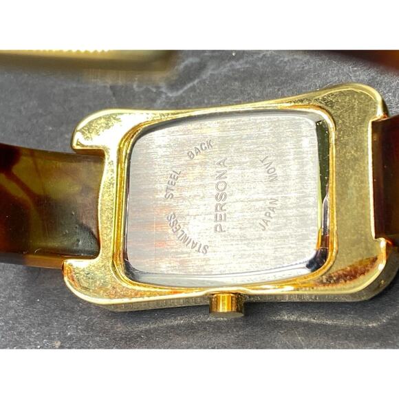 Persona Quartz Watch Women\'s Gold Tone Tortoise Brown Resin Bangle Cuff Bracelet